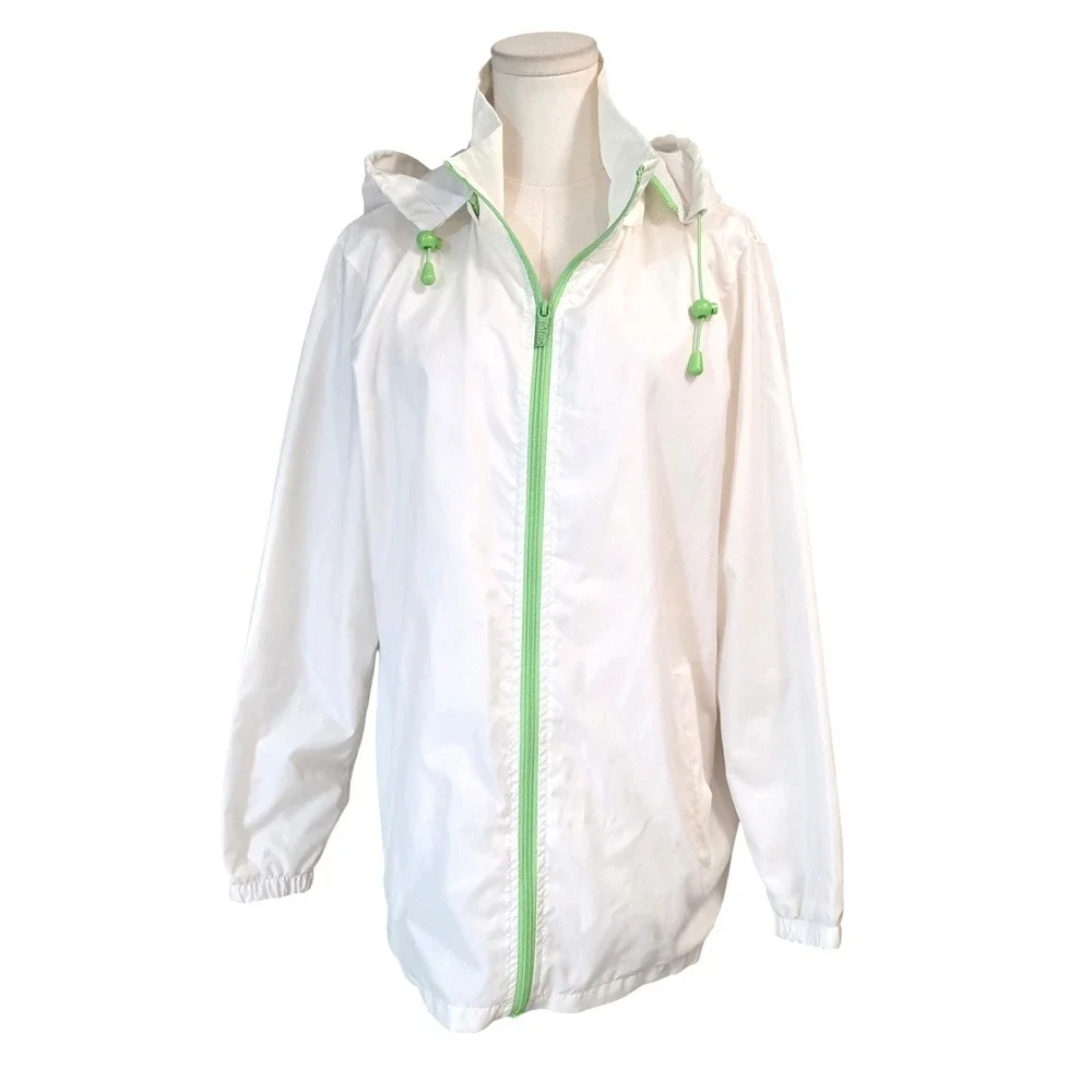 Totes Womens Windbreaker Jacket White Mint Green Zip Up Hooded Mesh Lined Size M